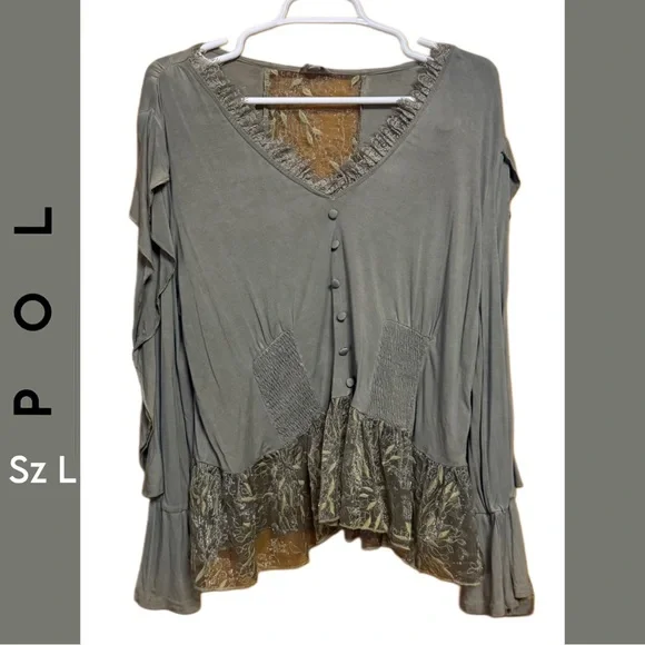 🌾 POL Boutique Boho Lace Patchwork Top Large Flowy Hi Low Cottagecore Soft 💚 - Picture 1 of 3